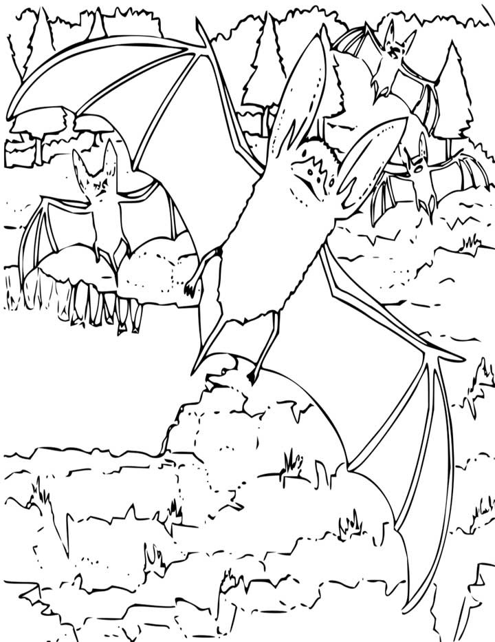 This coloring page for kids features a group of big eared bats flying around.