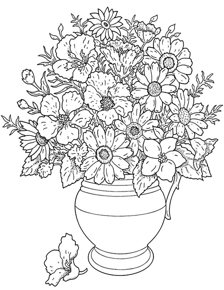 This coloring page features a large pot of flowers. Add some color to make them look bright and beautiful.