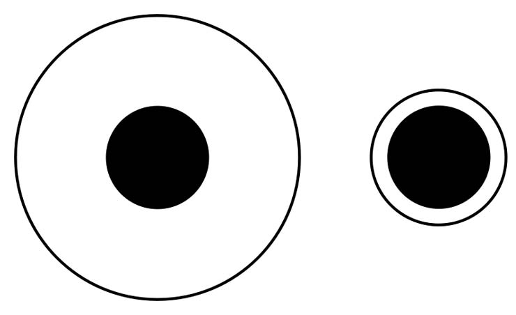This image is an example of the Delboeuf illusion that relates to relative size perception. The black circle on the right appears bigger than the black circle on the left because of the distance to the rings that surround them. A distant surrounding ring makes the inner circle look smaller relative to an inner circle with a closer surrounding ring. 