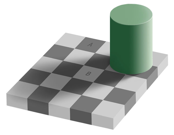 This grey square optical illusion is known as a same color illusion. While they look like different shades of grey, squares A and B are actually the same shade. It&rsquo;s hard to believe but it can be proved by sampling the colors in an image editing program such as Photoshop.