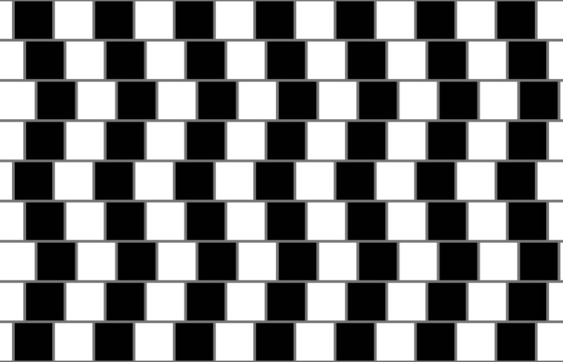 This famous optical illusion makes the parallel horizontal lines appear to be bent when in fact they are straight. It was originally noticed amongst the tiles of a cafe wall and can now be seen in architecture such as on a large building in Melbourne, Australia.