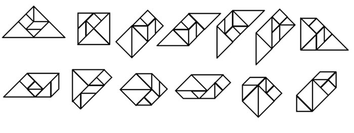 This picture shows the 13 possible convex shapes that can be made from a tangram puzzle.